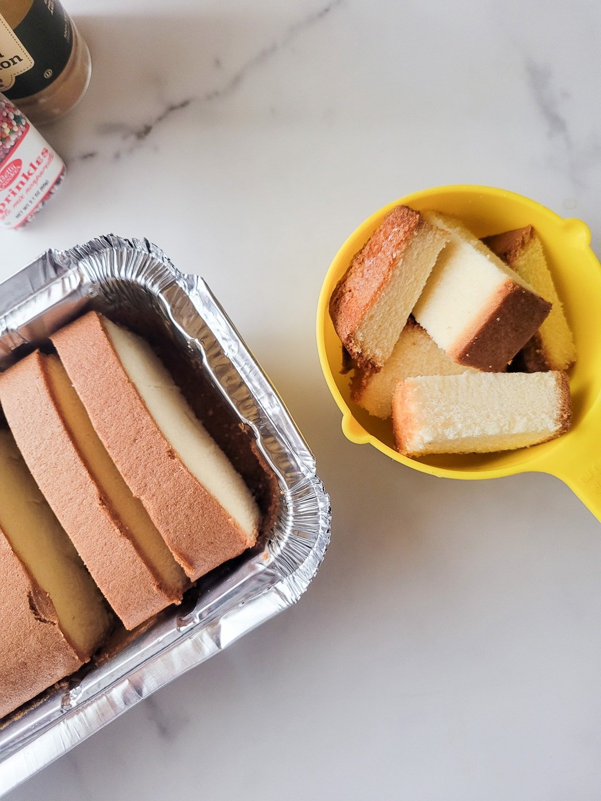 Cutting the pound cake to make the cake limber.