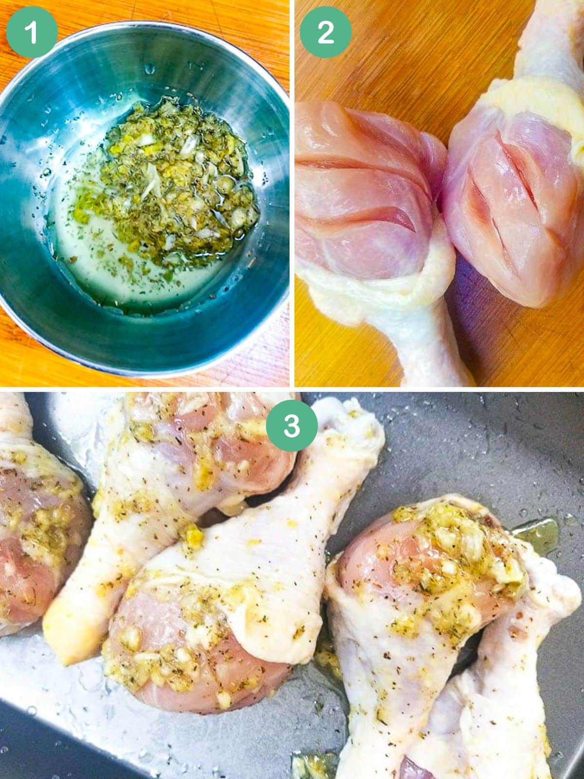 An image collage of how to make muslos de pollo.