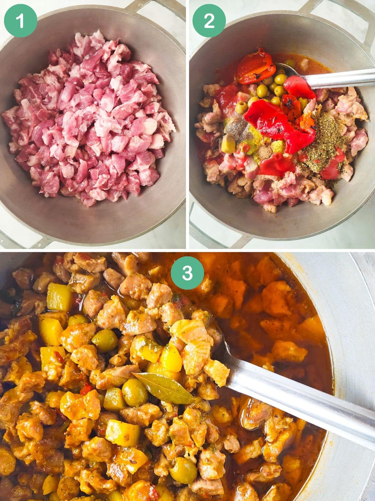 An image collage of how to make the filling for the pasteles de arroz.
