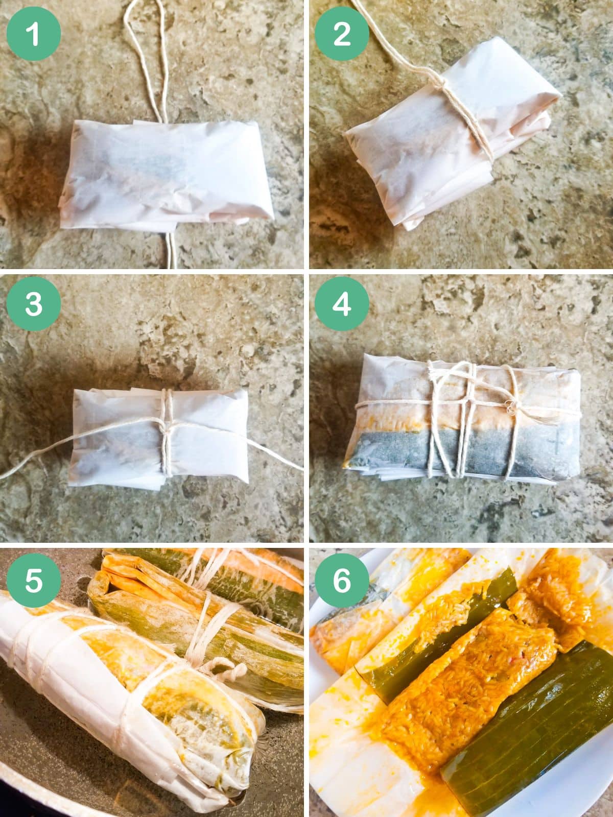 An image collage of how to tie and cook the pasteles.