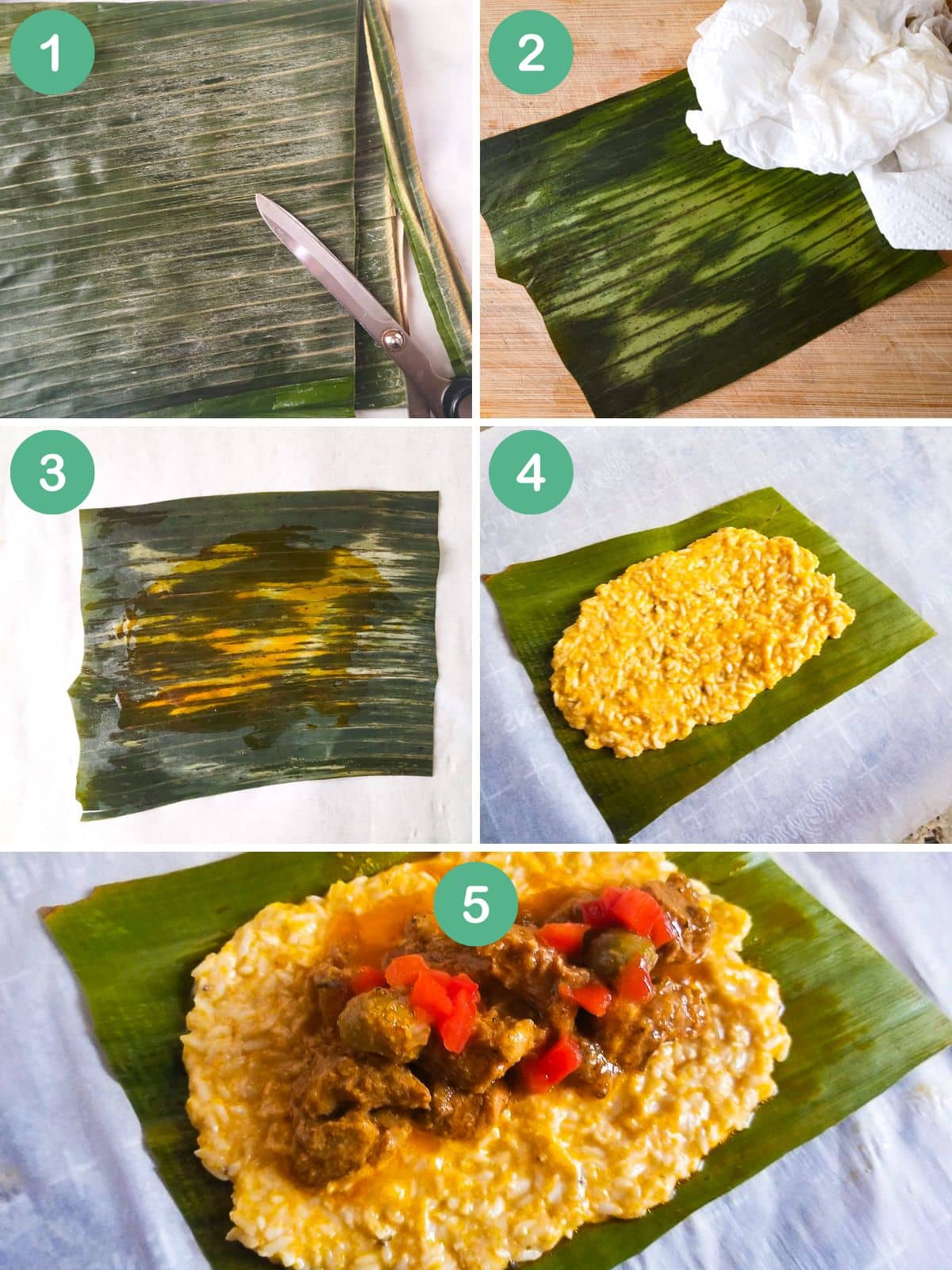 An image collage of how to assemble the pasteles de arroz.