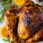 Pavo a la Mexicana (Mexican Style Turkey) served on a white platter.