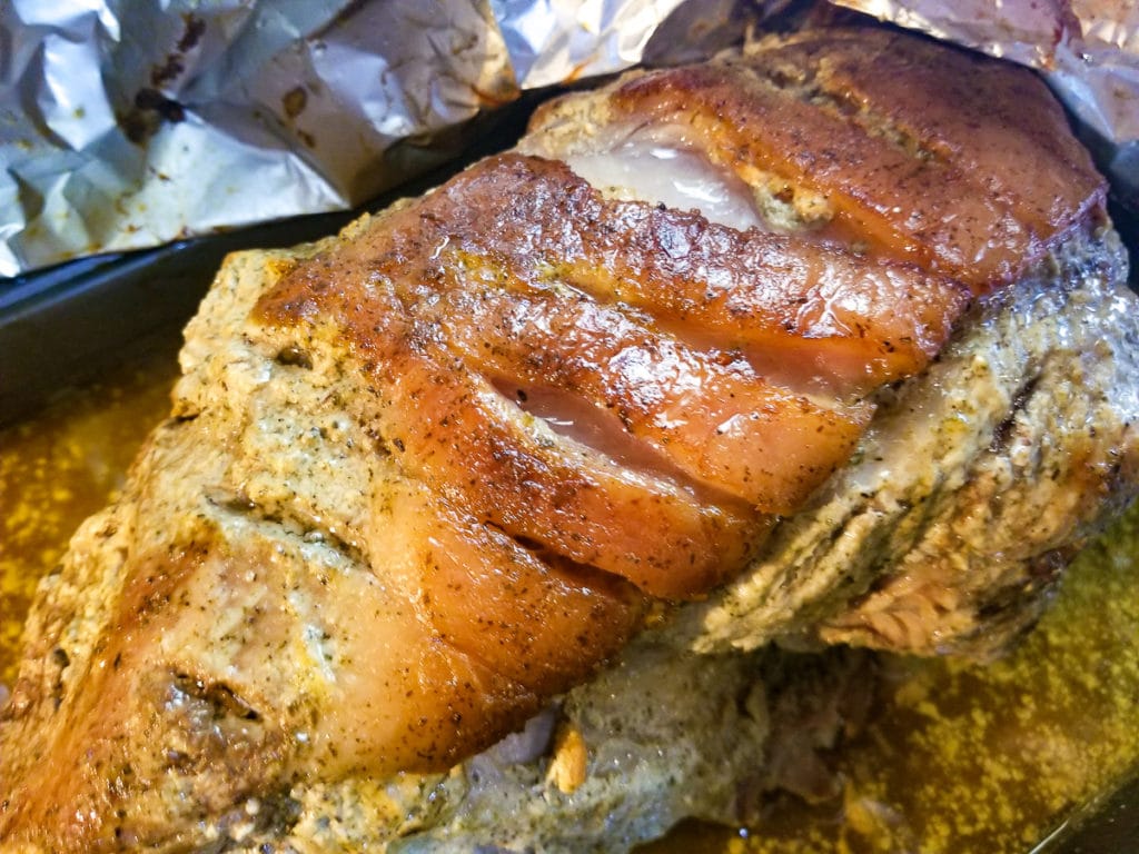 Pernil cooking in the oven.