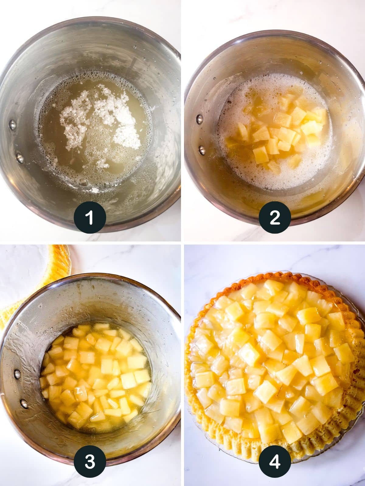 Making the pineapple glaze and adding it to the top of the tembleque.