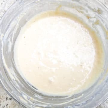 Fully mixed batter for plantain puff puff recipe.