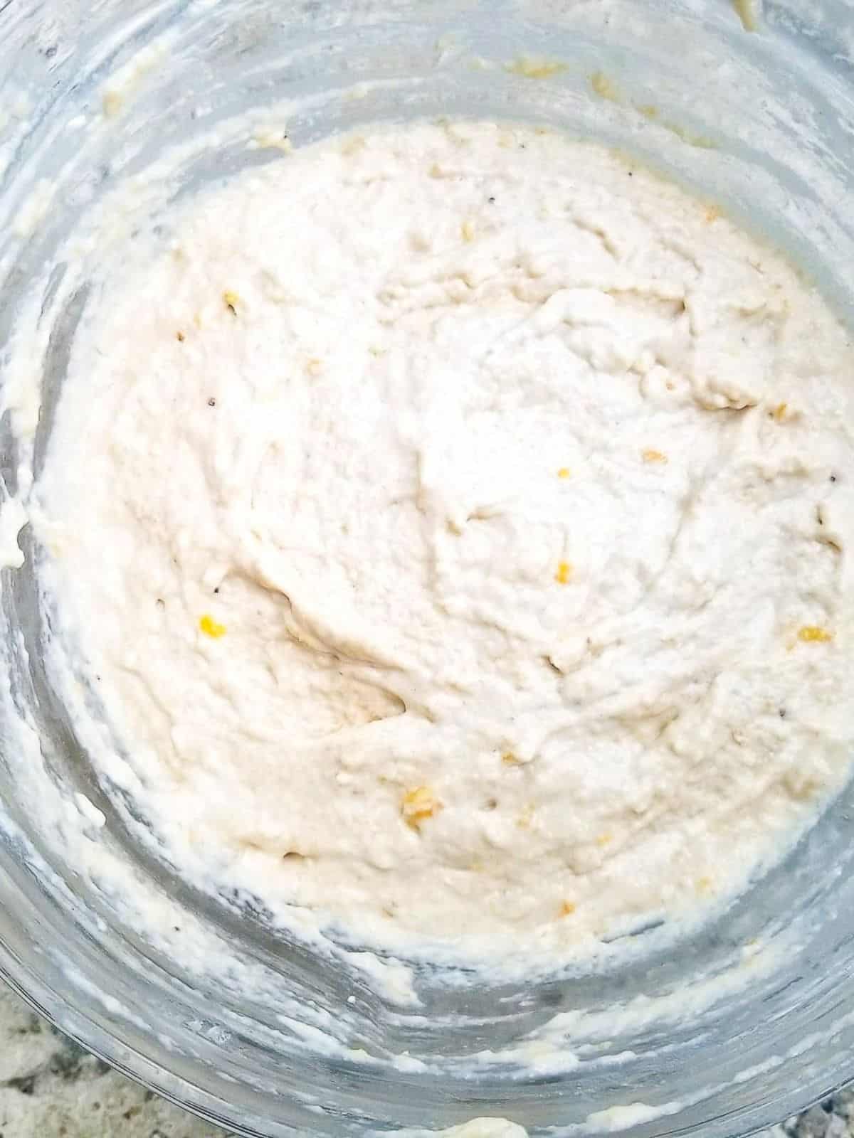 Batter fully prepared and ready to fry plantain puff puffs.