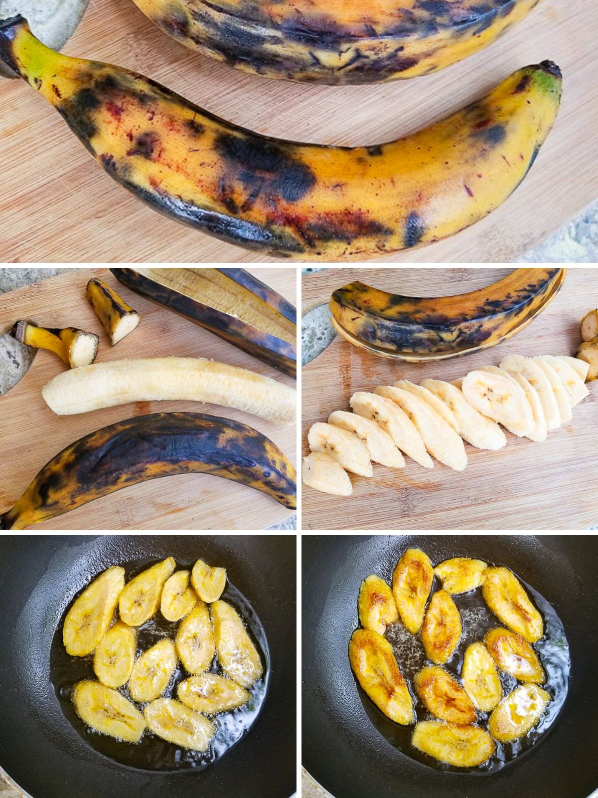 A collage showing how to prepare and cook platanos fritos, also known as amarillos and maduros.