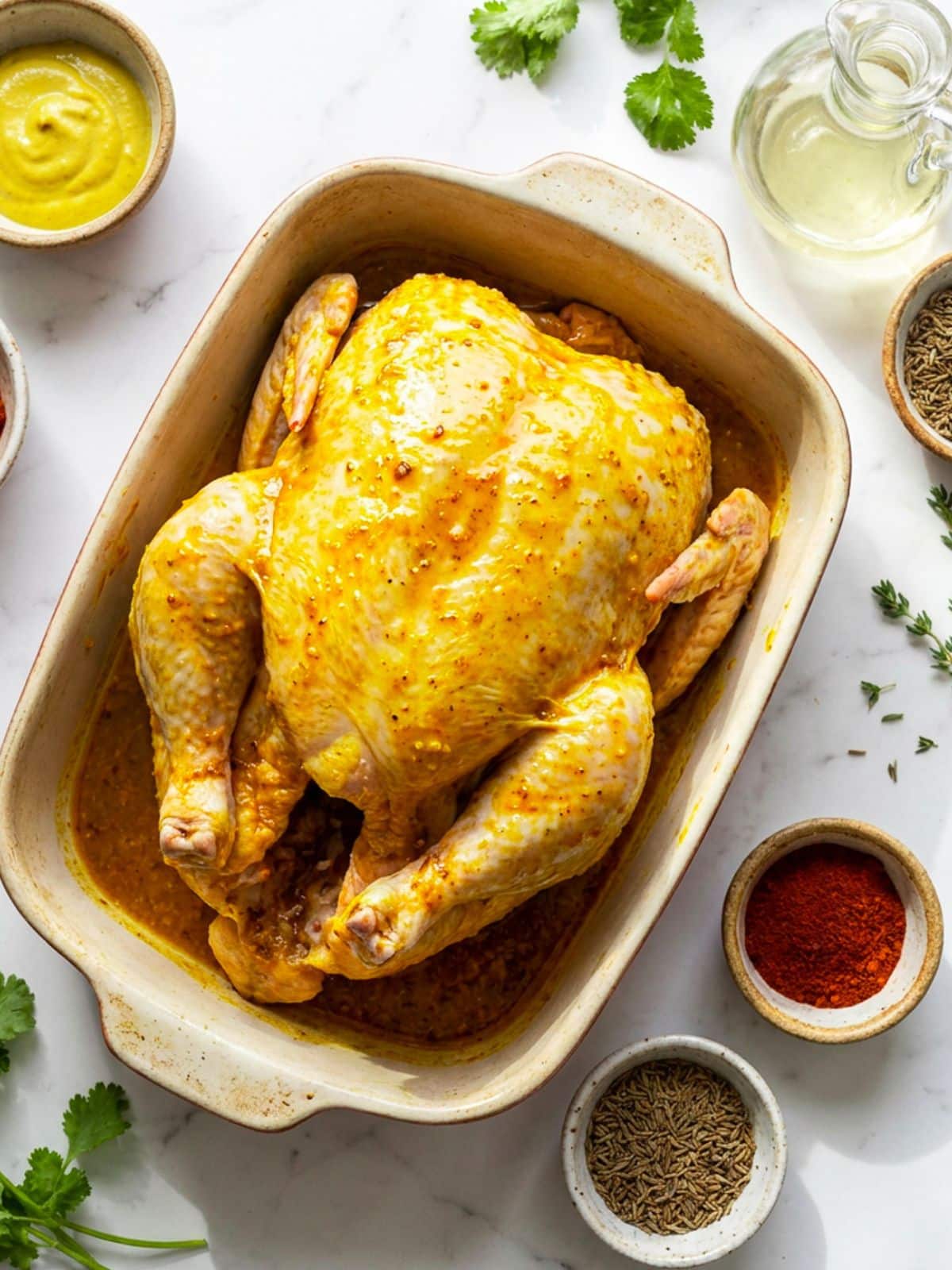 A whole chicken marinated in the Colombian pollo asado marinade.