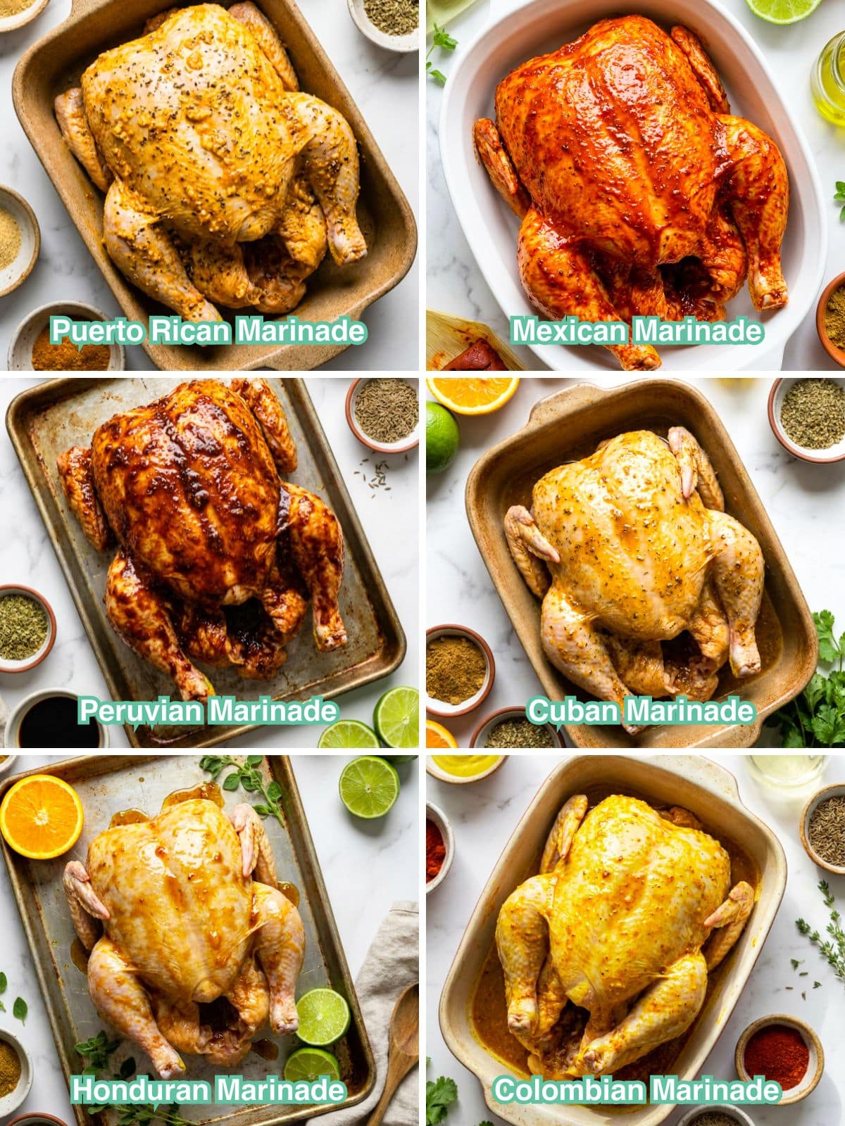 An image collage of all the pollo asado marinades on raw chicken with the ingredients to make them.