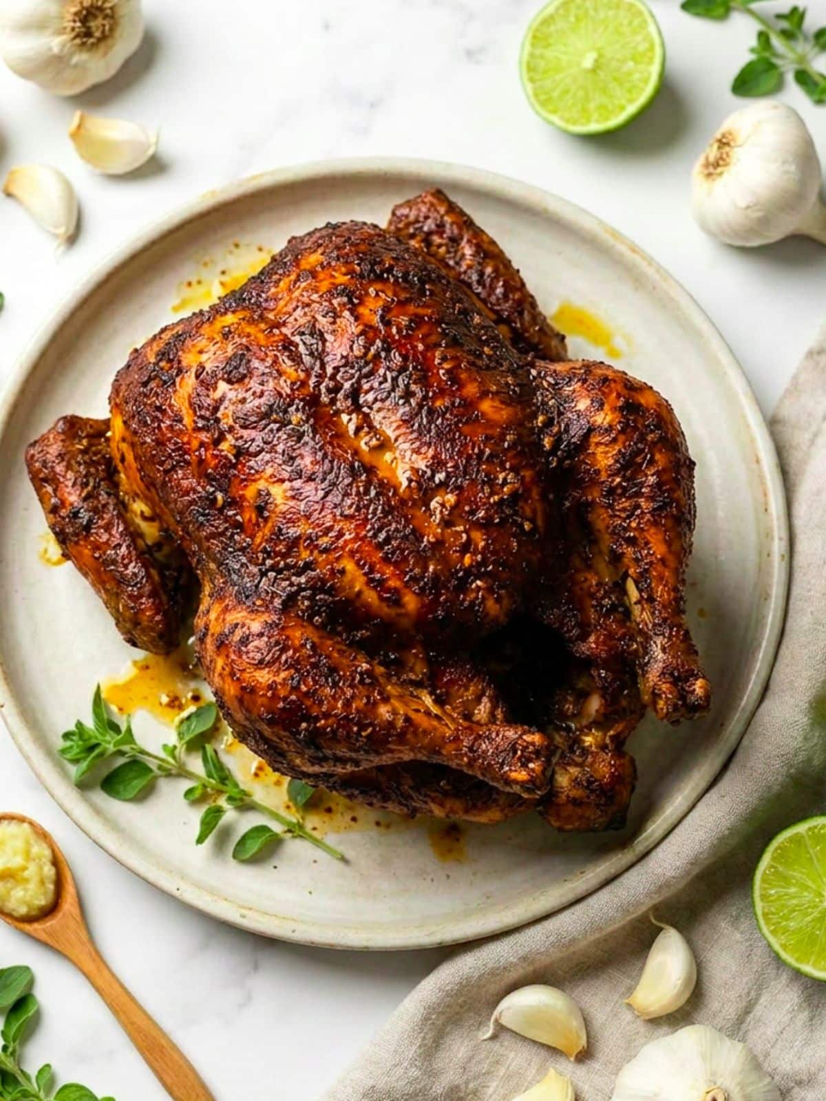 A fully cooked Puerto Rican pollo asado on a round white plate surrounded by garlic cloves and limes.