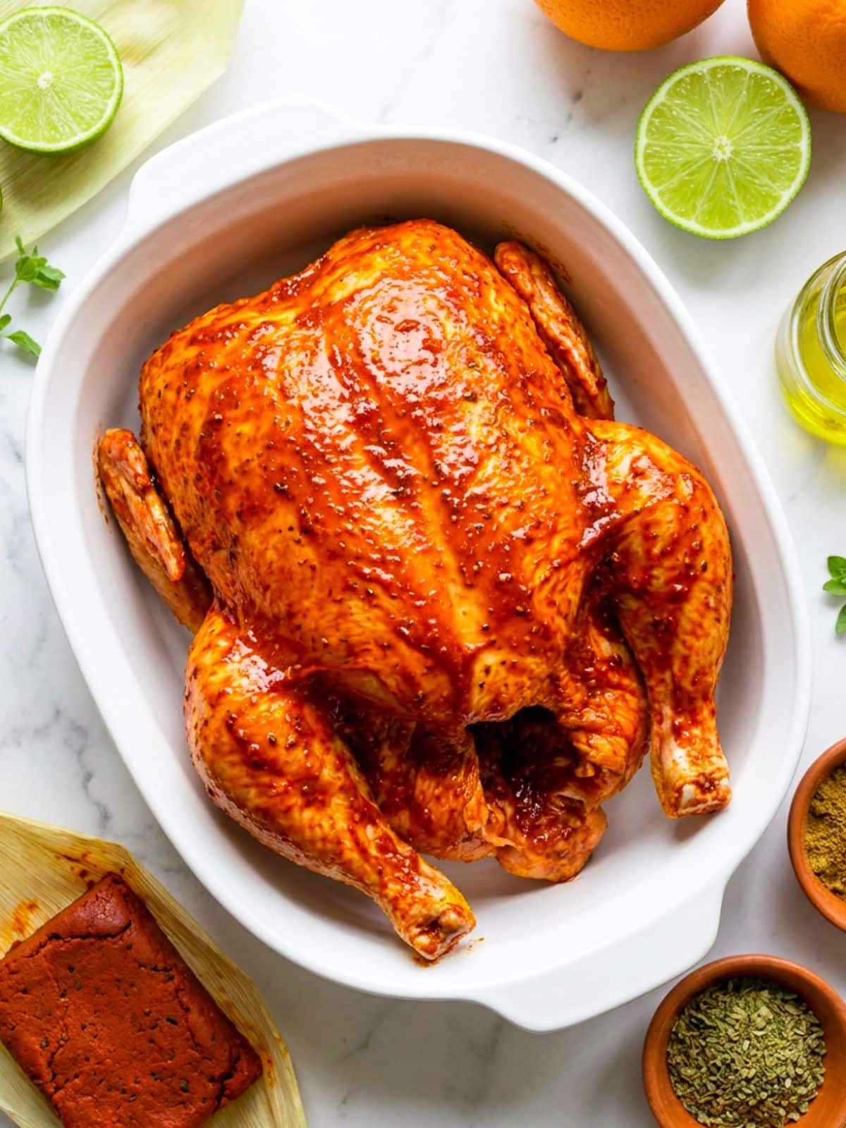 A whole chicken marinated in the Mexican pollo asado marinade.