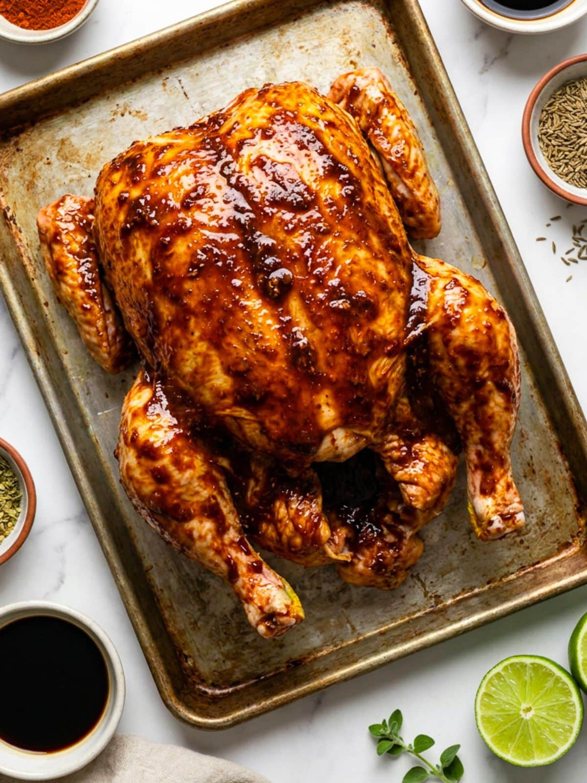 A whole chicken marinated in the Peruvian pollo asado marinade.