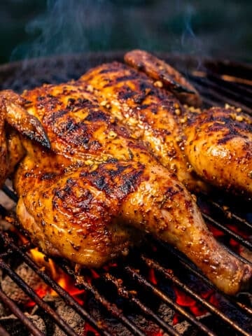 Pollo Asado al Carbon cooking over an open fire pit of lump charcoal.