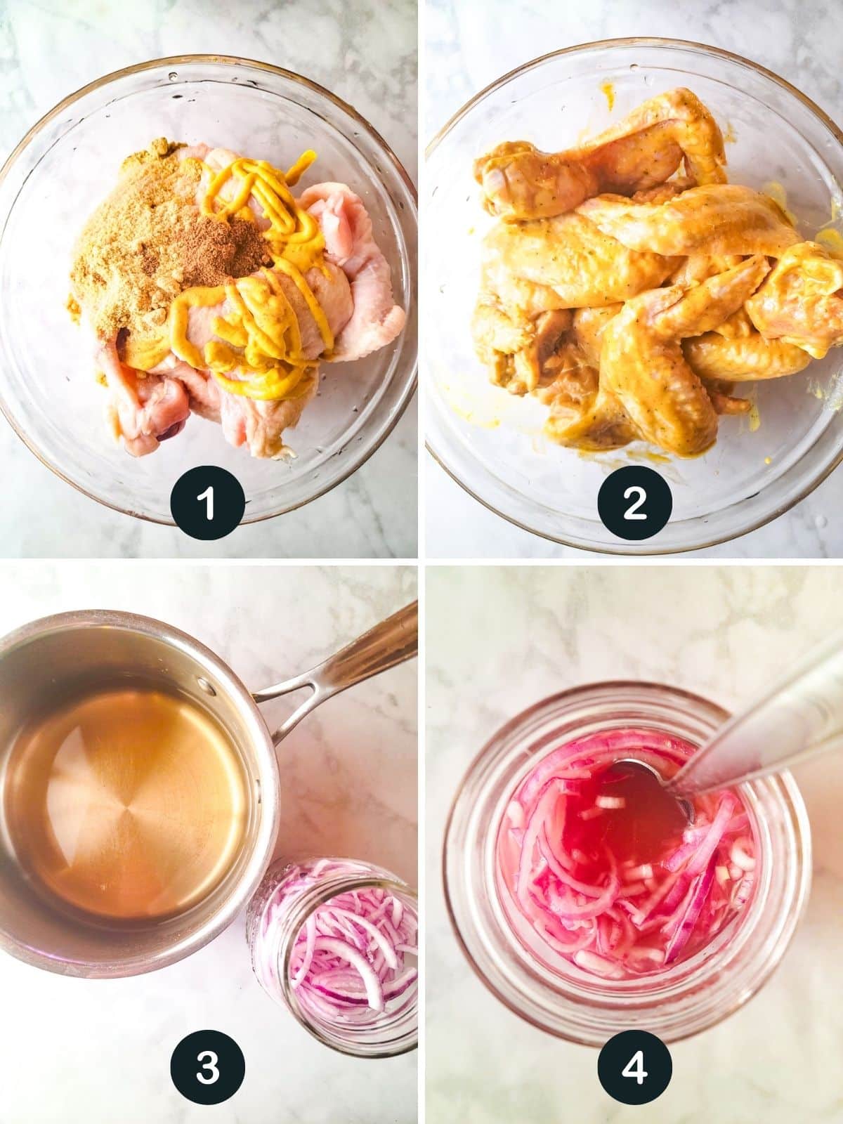 A collage photo showing steps 1-4. Steps 1 and 2 are chicken in a bowl with ingredients and then mixed all together. Steps 3 and 4 show preparing the pickled onions.