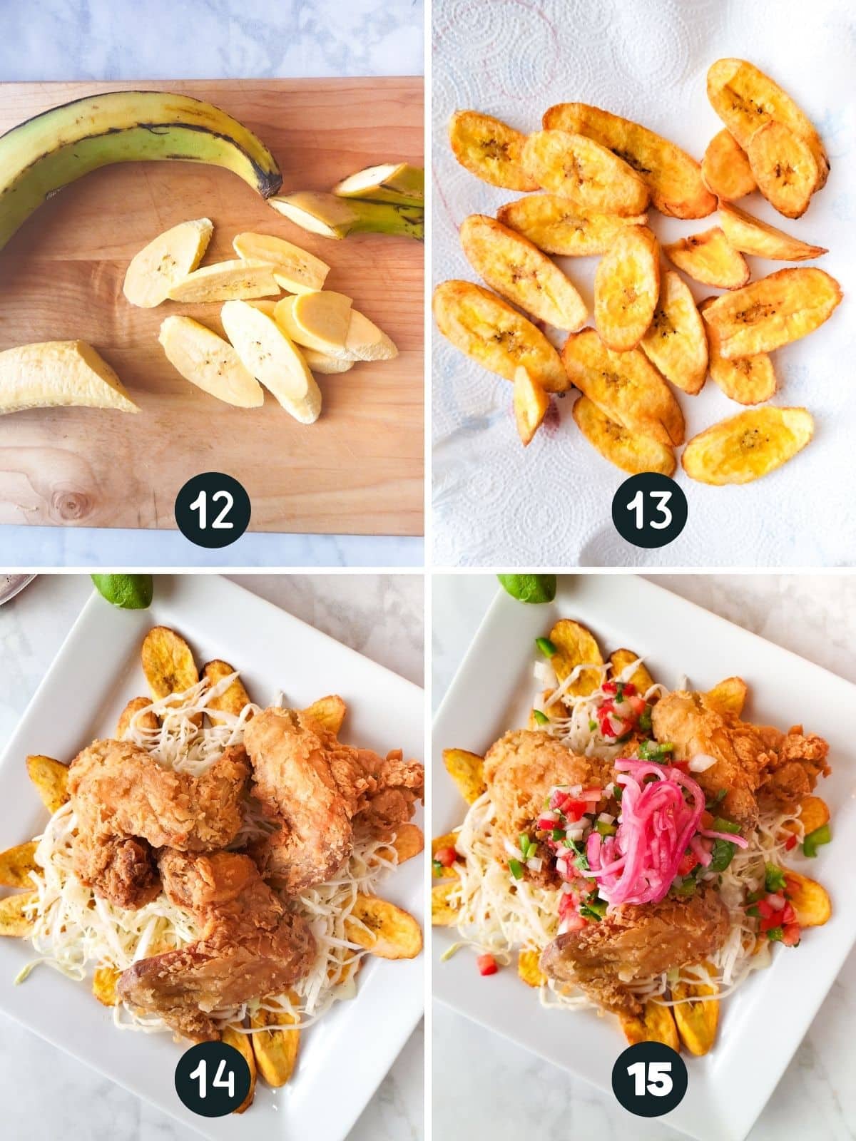 A collage photo of steps 12-15. Step 12 shows the plantains being cut. Step 13, shows shows the plantains drained on a plate lined with a paper towel. Step 14 and 15, shows the poll chuco being layered with the different sides to form the full dish.