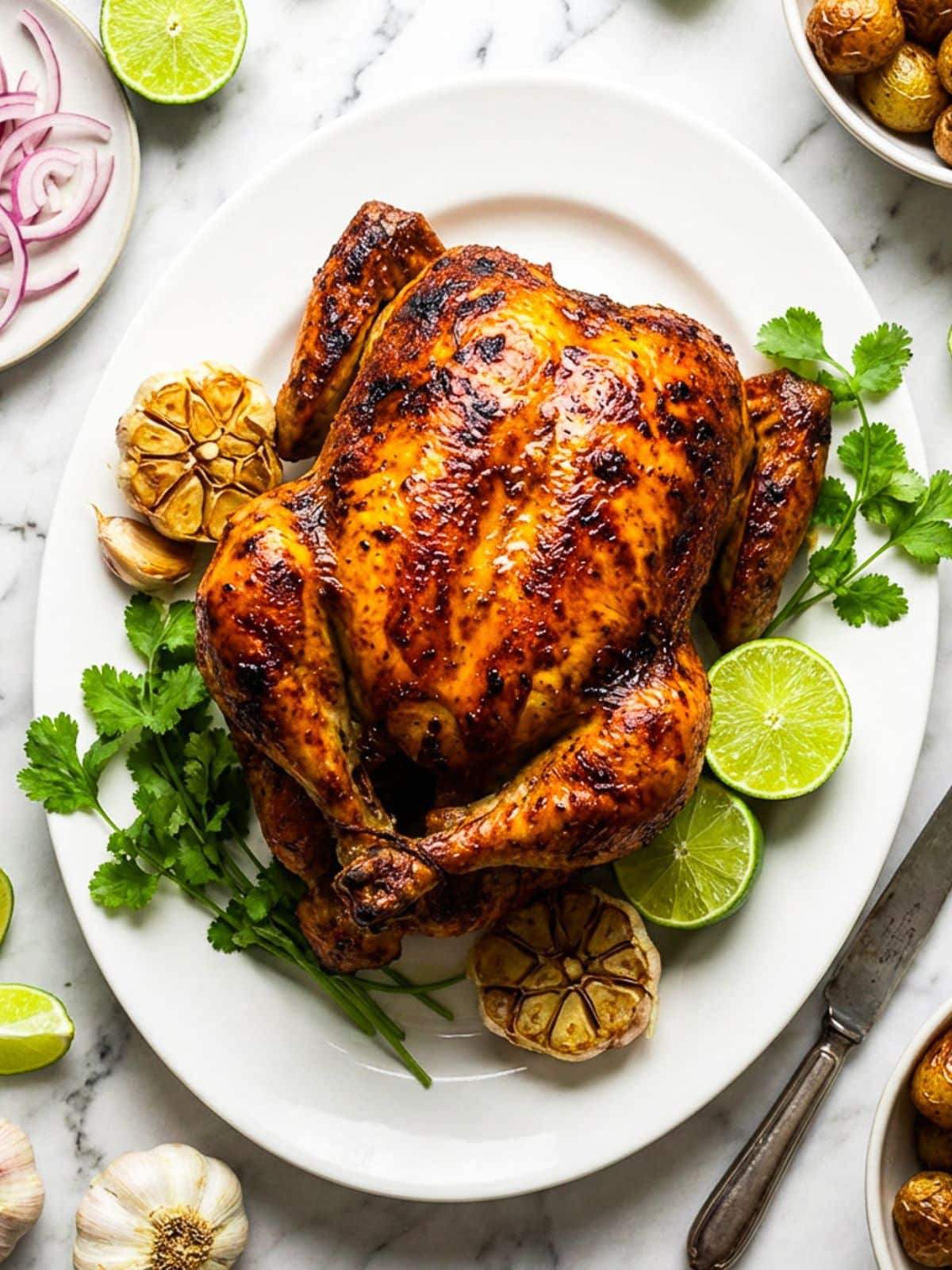 Pollo Rostizado (Rotisserie Chicken) served on a white platter with lime wedges, whole roasted garlic and cilantro garnish.