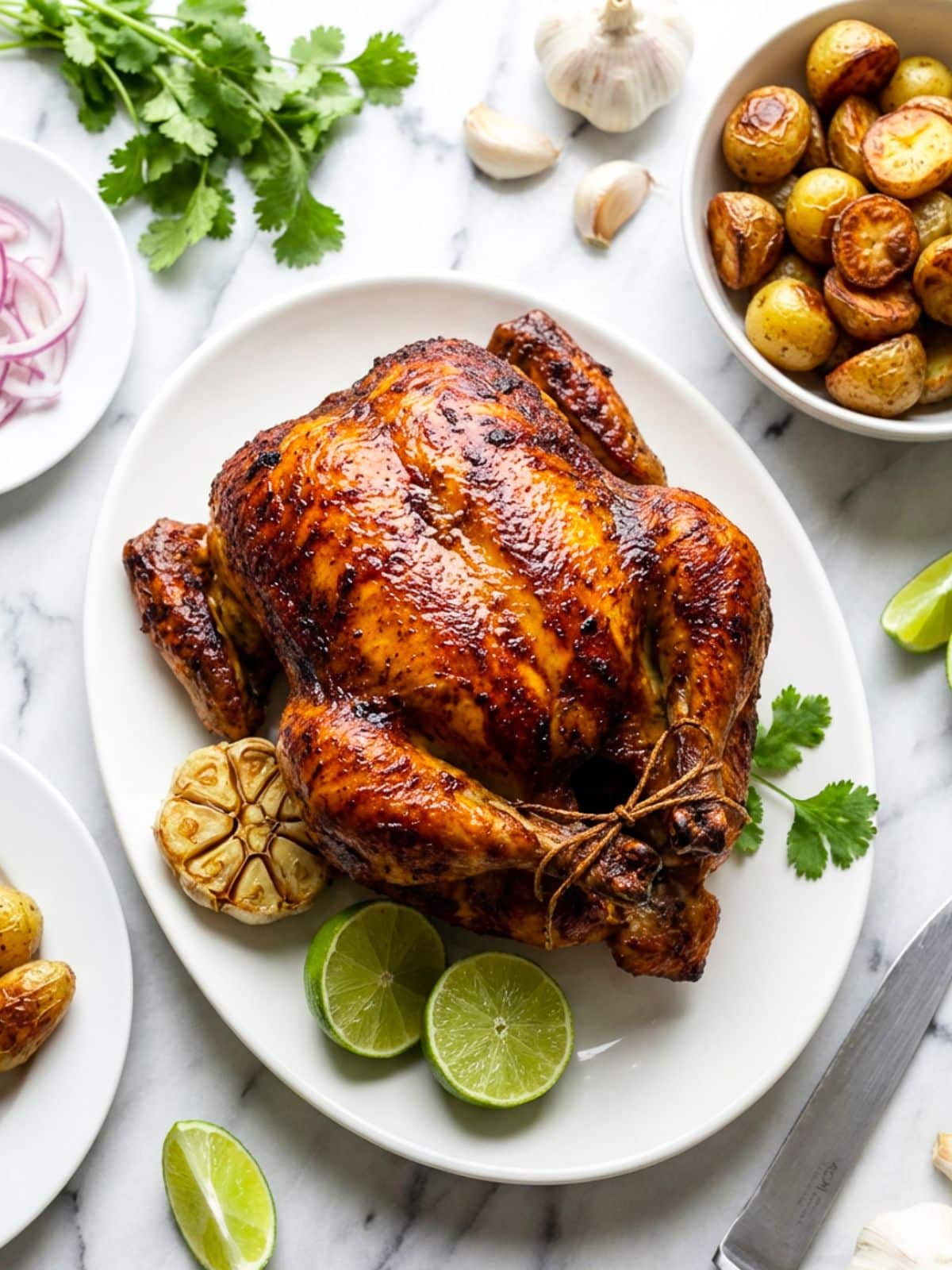 Pollo Rostizado (Rotisserie Chicken) served on a white platter with lime wedges, whole roasted garlic and cilantro garnish.