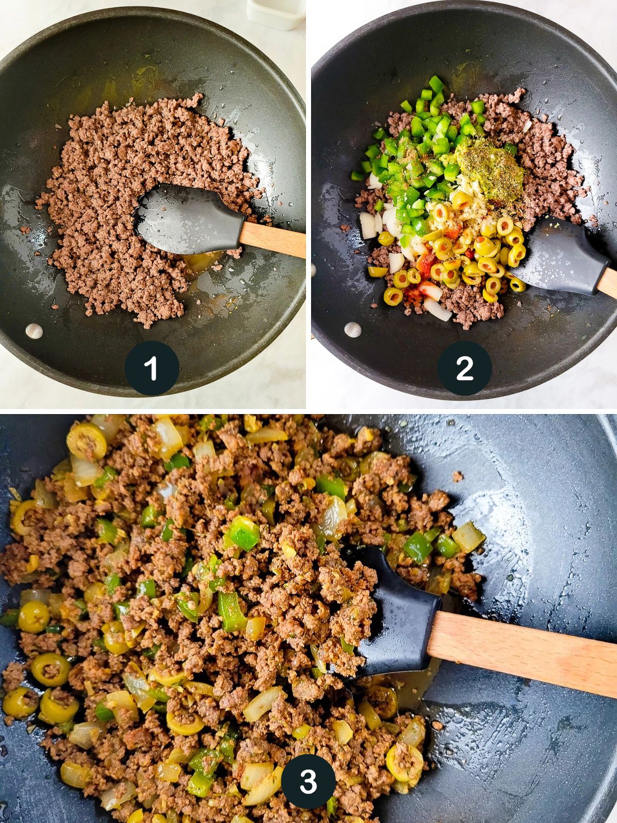 Image showing how to make the carne molida (Puerto Rican picadillo) for the rellenos de papa.