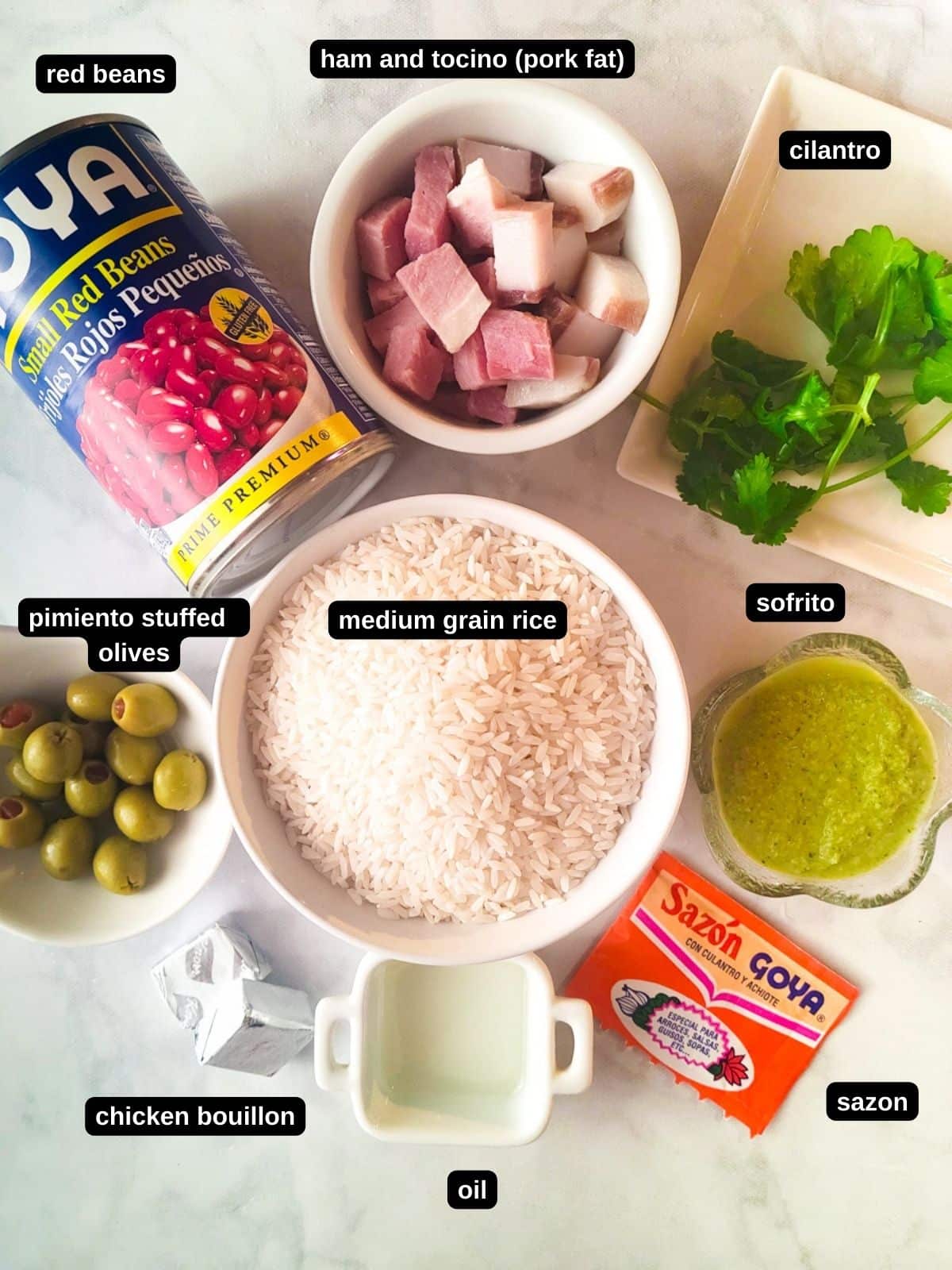 List of ingredients for Arroz con Habichuelas (Puerto Rican Rice and Beans).