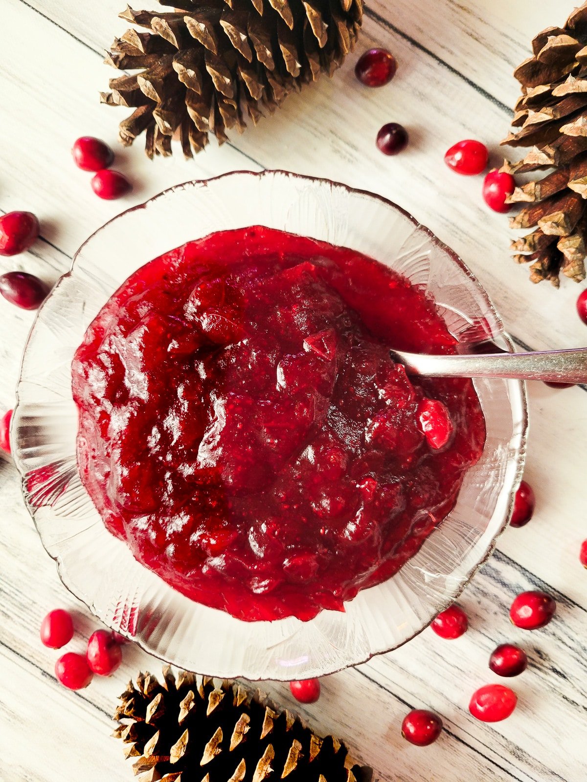 Salsa de Arandanos served in a small transparent bowl with fresh cranberries around it and pine cones for decor.
