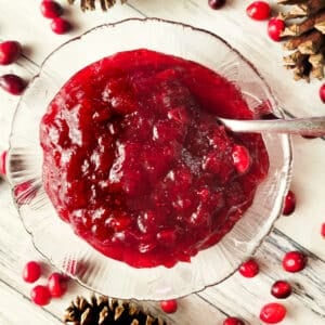 Salsa de Arandanos served in a small transparent bowl with fresh cranberries around it and pine cones for decor.