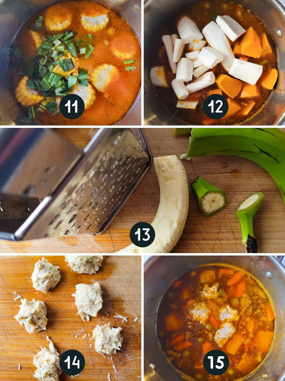 Adding the root vegetables to the stew and making the plantain dumplings.