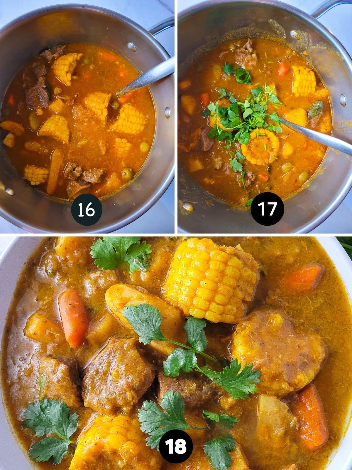Finishing off the sancocho de res (carne) with a topping of fresh cilantro.