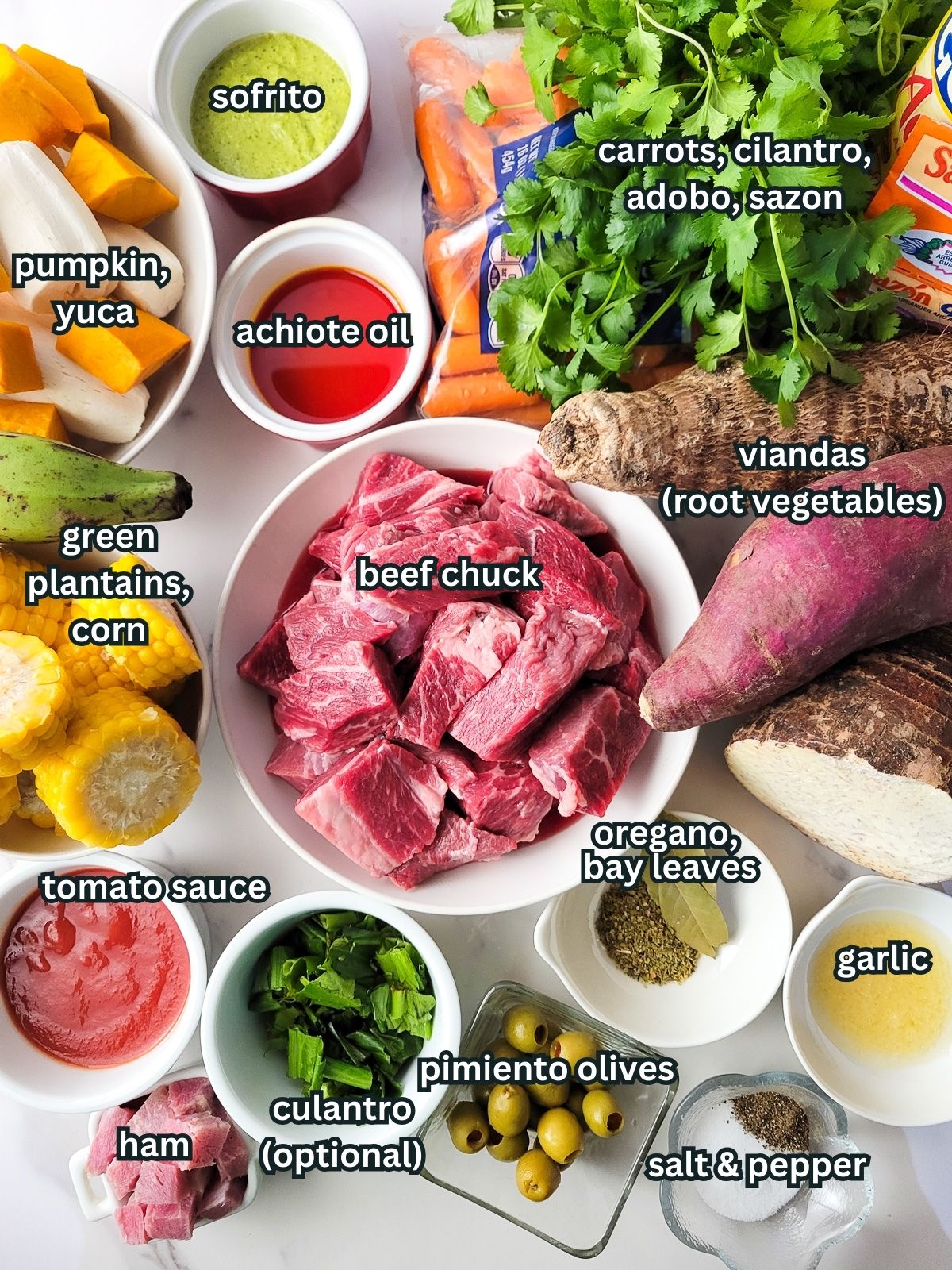 Image of ingredients needed to make Puerto Rican beef sancocho.