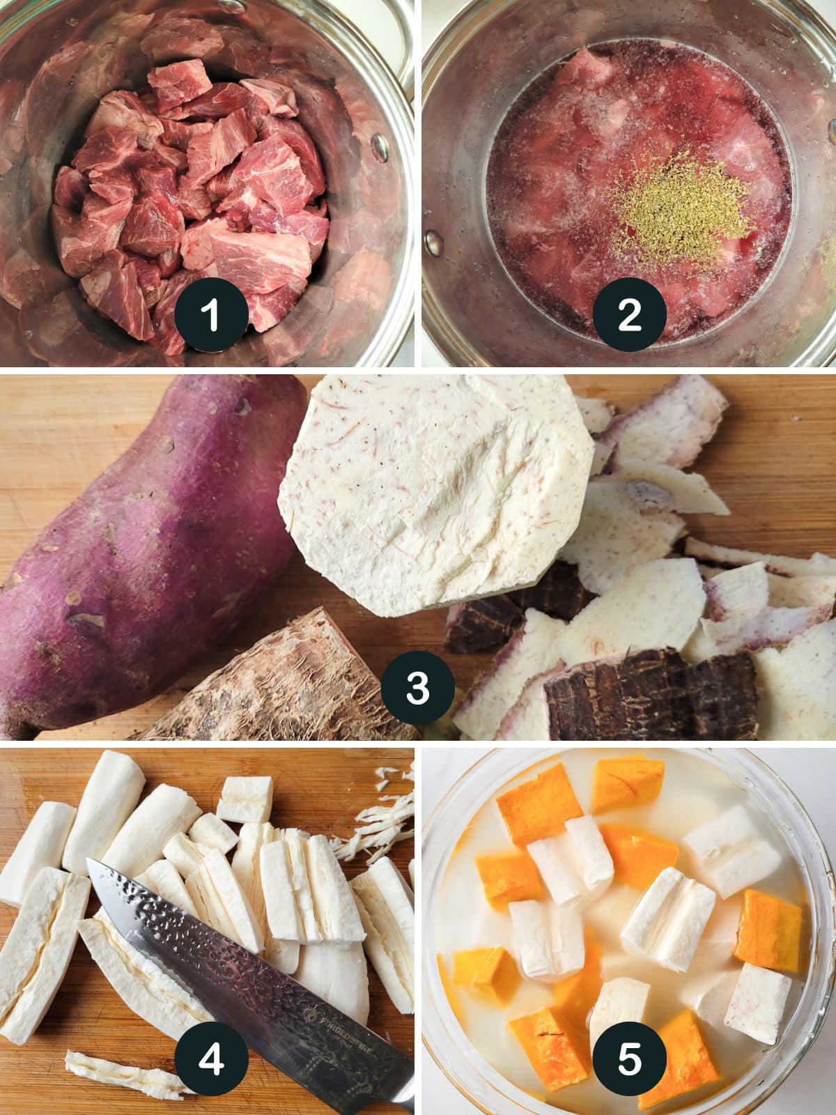 Cooking and tenderizing the beef chunks for the sancocho and peeling and cutting the root vegetables.