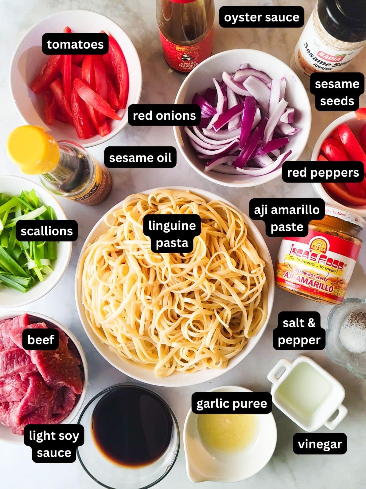 Image of ingredients to make Tallarin Saltado.