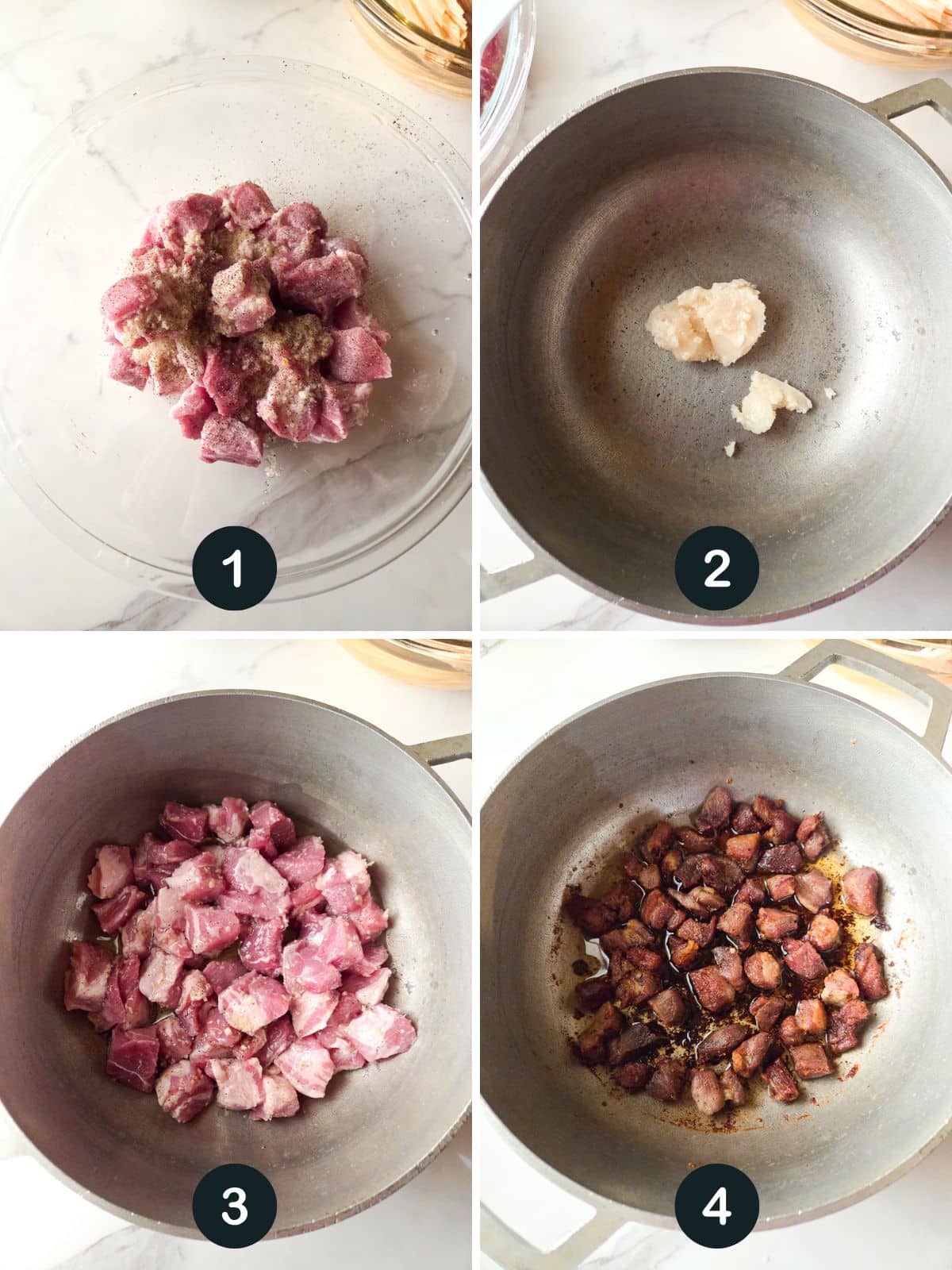 Image of steps 1-4 for preparing the pork.