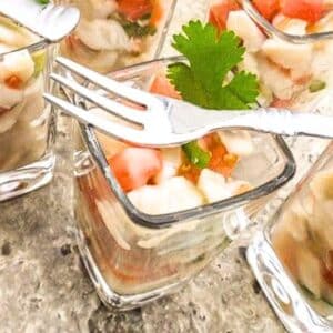 Tilapia Ceviche made with tilapia fish, cucumbers, onions, tomatoes, cilantro, garlic, jalapeno, limes and served in small shot glasses and plantain chips.
