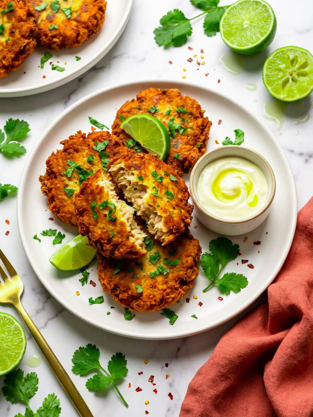 Tortitas de atun served on a white plate with lime wedges and a garlic aioli dipping sauce.
