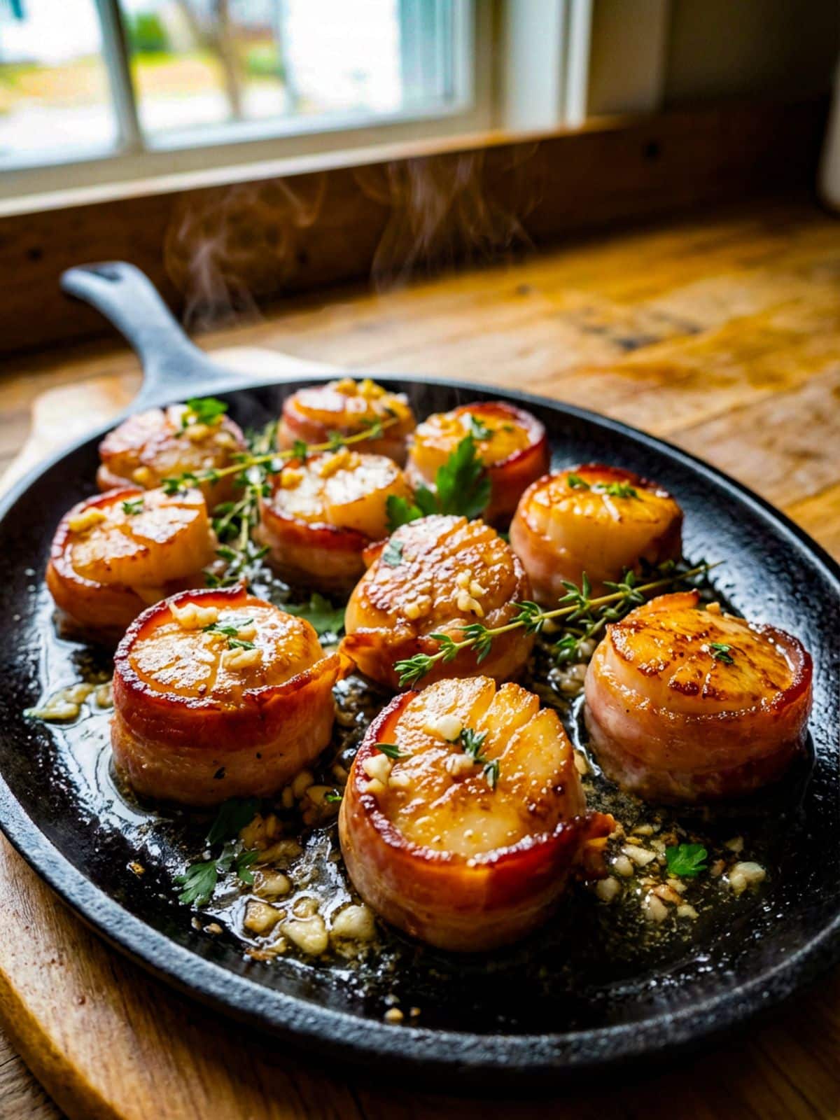 Vieras de Mar, bacon wrapped sea scallops cooked in an oval cast iron skillet, topped with a butter garlic sauce and garnished lightly with parsley and thyme.