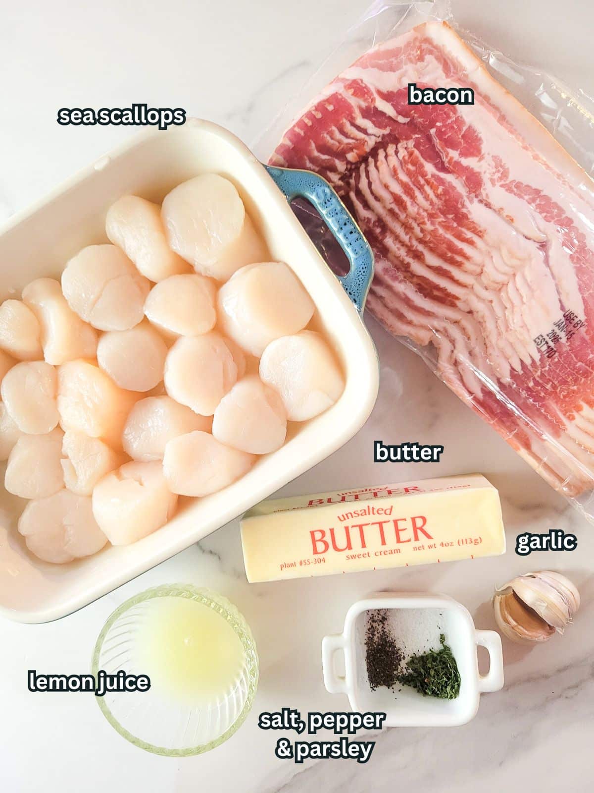 Image of ingredients to make vieras de mar (bacon wrapped sea scallops).